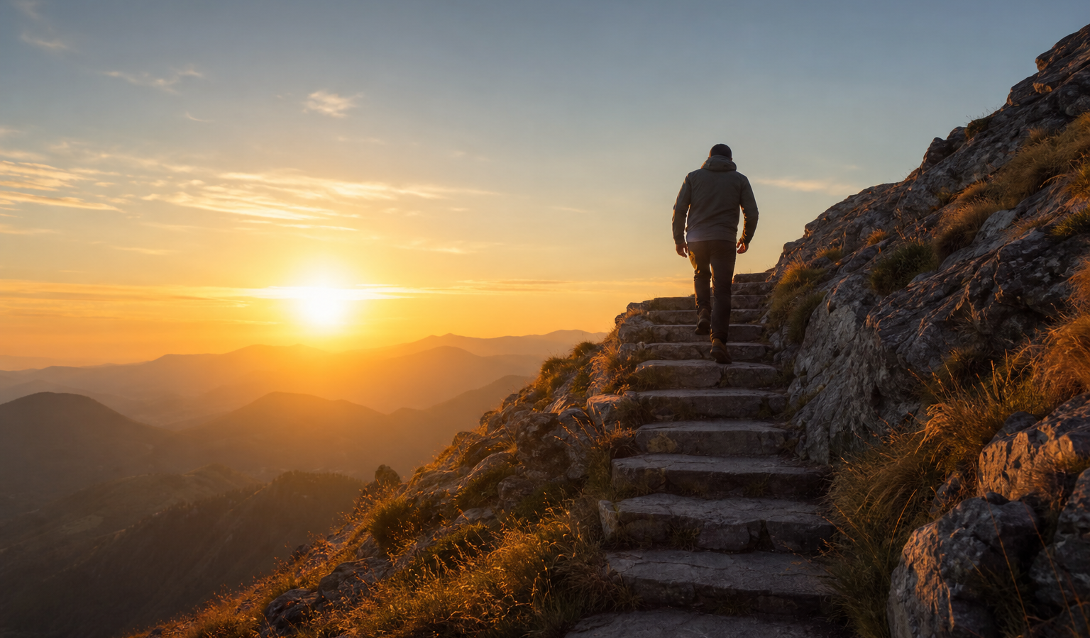 Persona avanzando por escalones iluminados al amanecer