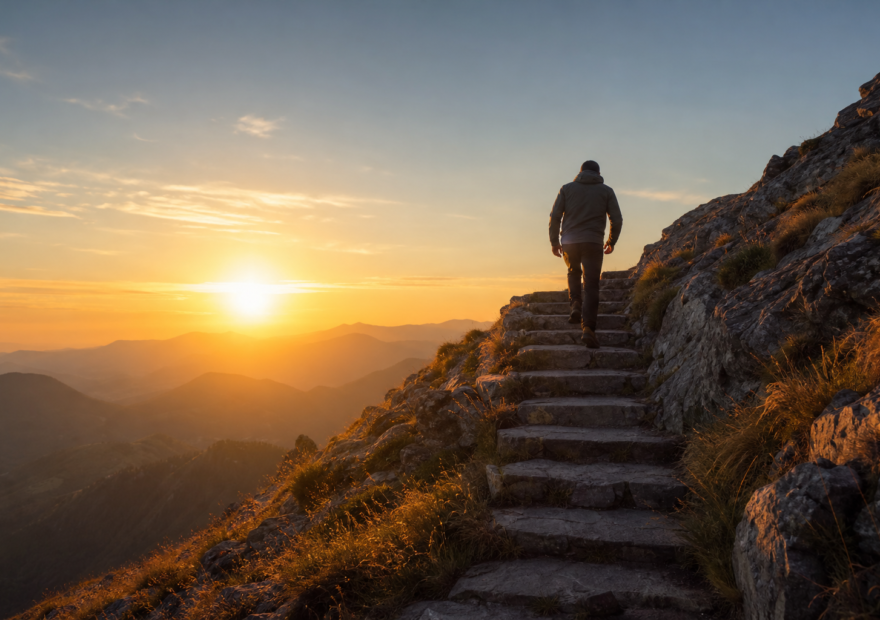 Persona avanzando por escalones iluminados al amanecer