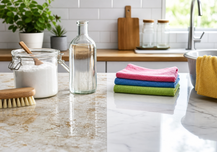 Productos sencillos de limpieza doméstica junto a paños de microfibra