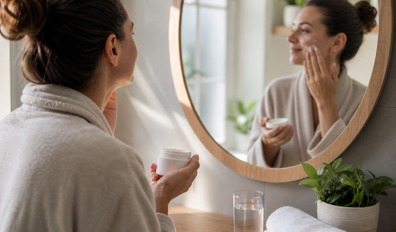 Rutina minimalista de cuidado personal con crema y protector solar