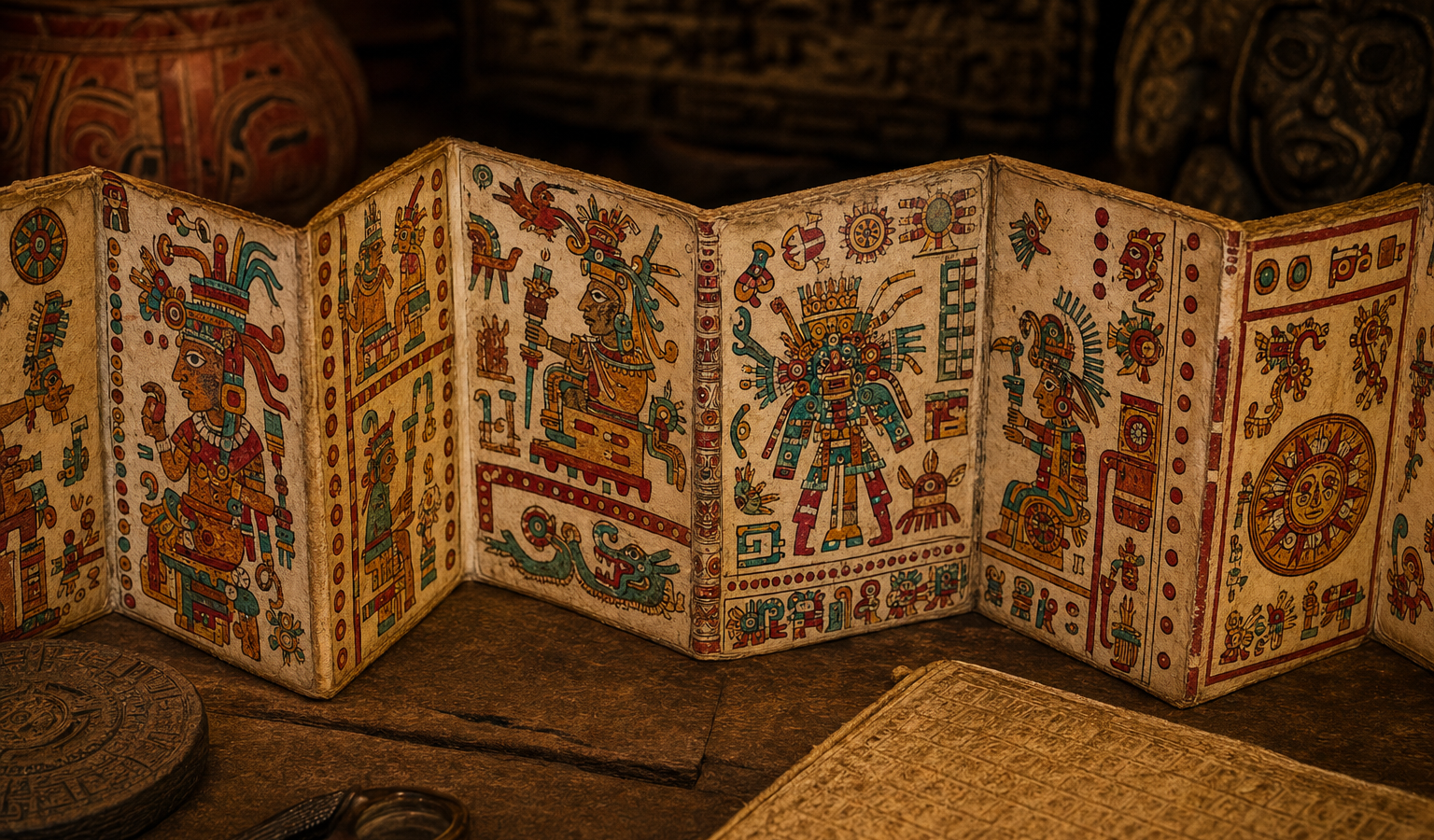 Interpretación artística de un códice mesoamericano desplegado