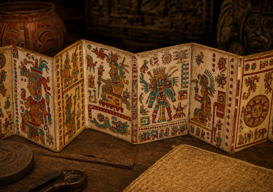 Interpretación artística de un códice mesoamericano desplegado