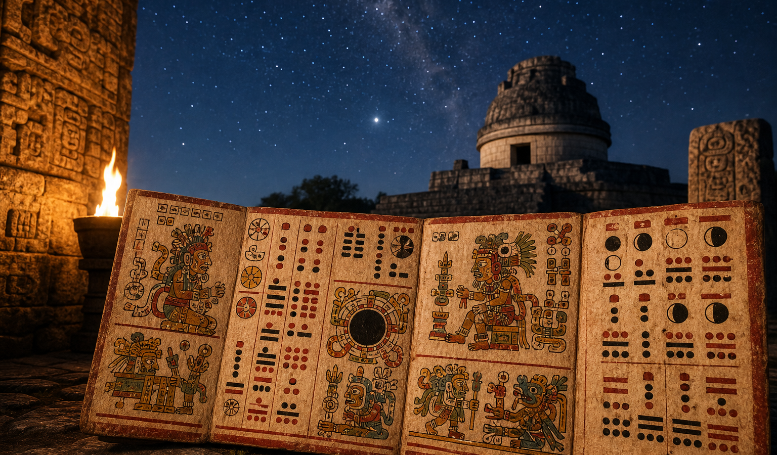 Interpretación artística de un códice maya con signos astronómicos