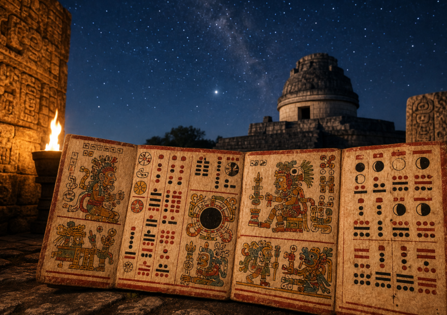 Interpretación artística de un códice maya con signos astronómicos
