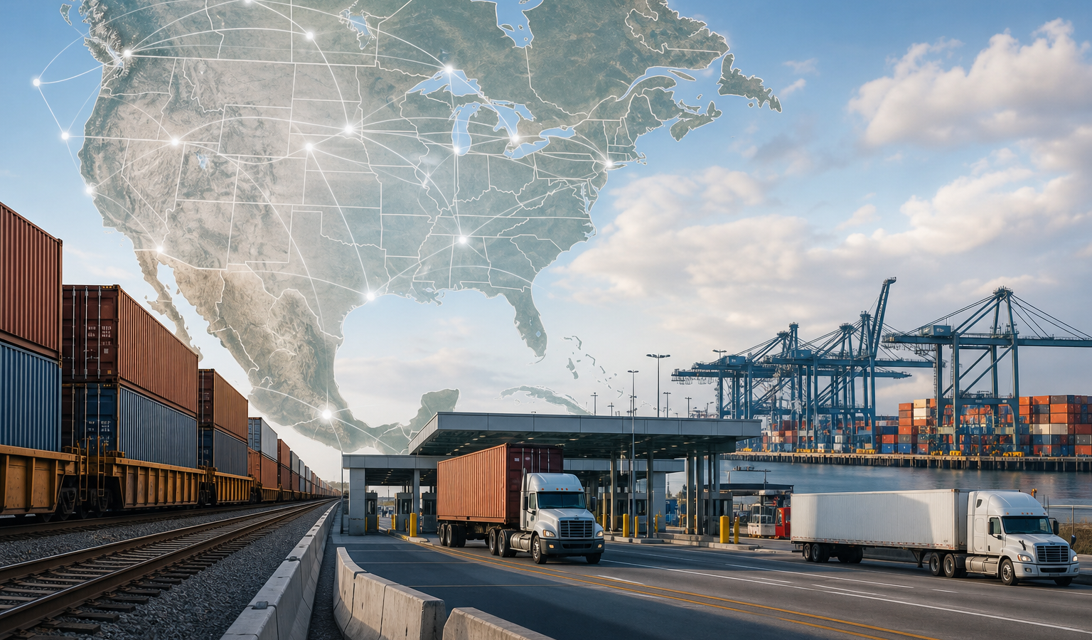 Trenes de carga y contenedores simbolizando el comercio del T-MEC