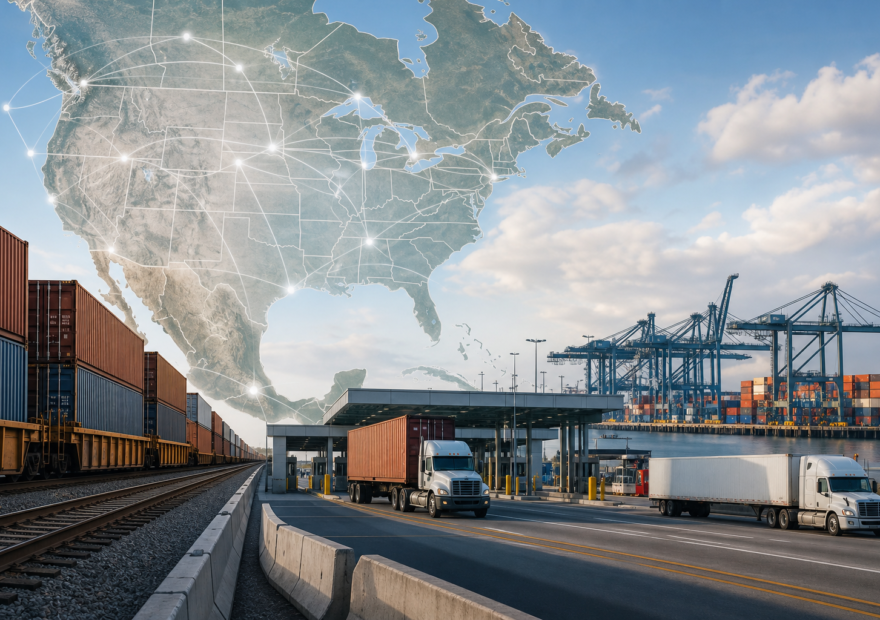 Trenes de carga y contenedores simbolizando el comercio del T-MEC