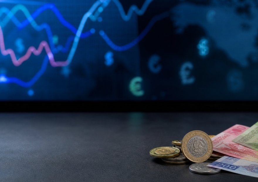 Monedas y billetes mexicanos junto a una pantalla con referencias cambiarias