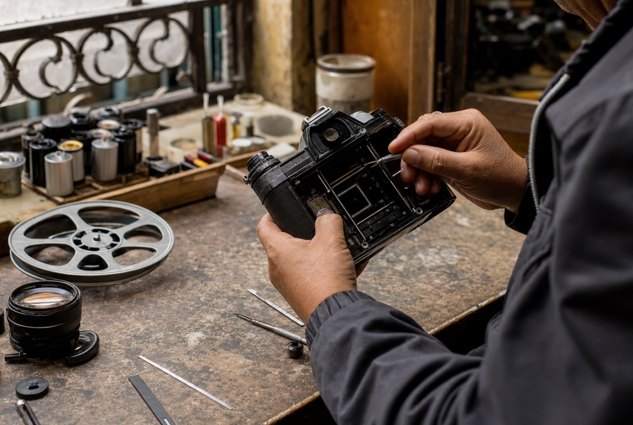Técnico repara una cámara analógica mecánica en un taller de Donceles, Centro Histórico de la Ciudad de México.