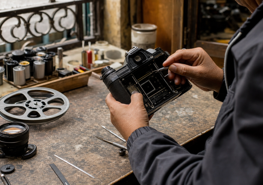 Técnico repara una cámara analógica mecánica en un taller de Donceles, Centro Histórico de la Ciudad de México.