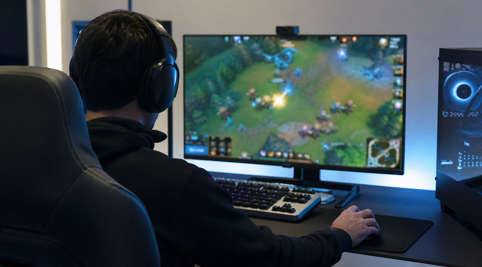 Jugador entrena en una estación de eSports con monitor y audífonos