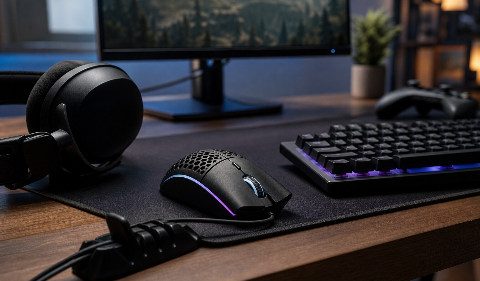Mouse, teclado y audífonos para una estación de eSports