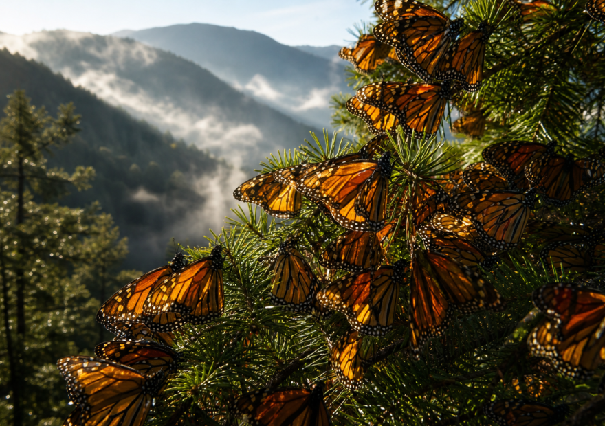 Mariposas monarca descansan sobre ramas de oyamel en un bosque del centro de México