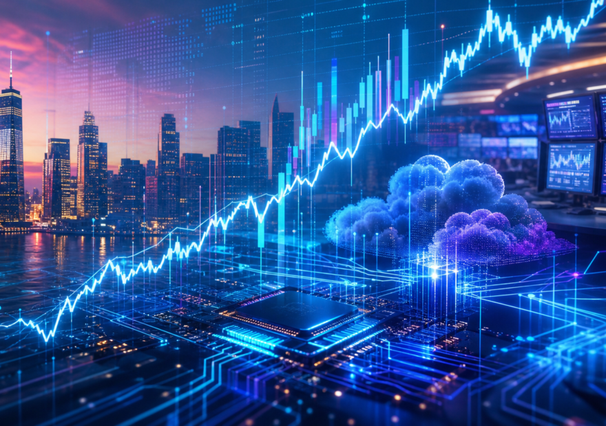 Ilustración editorial del cierre alcista del Nasdaq con tecnología, nube y semiconductores