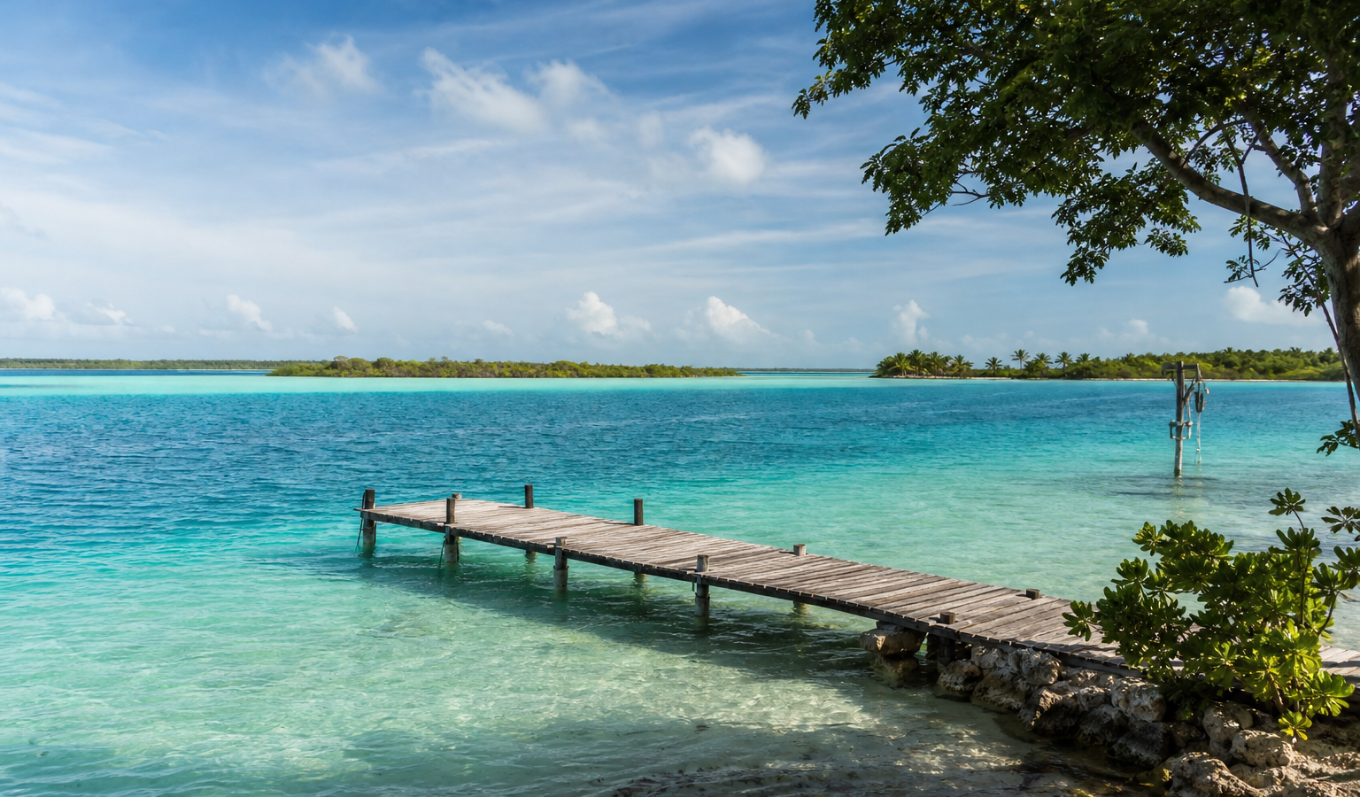 Laguna de Bacalar de tonos turquesa con vegetación caribeña