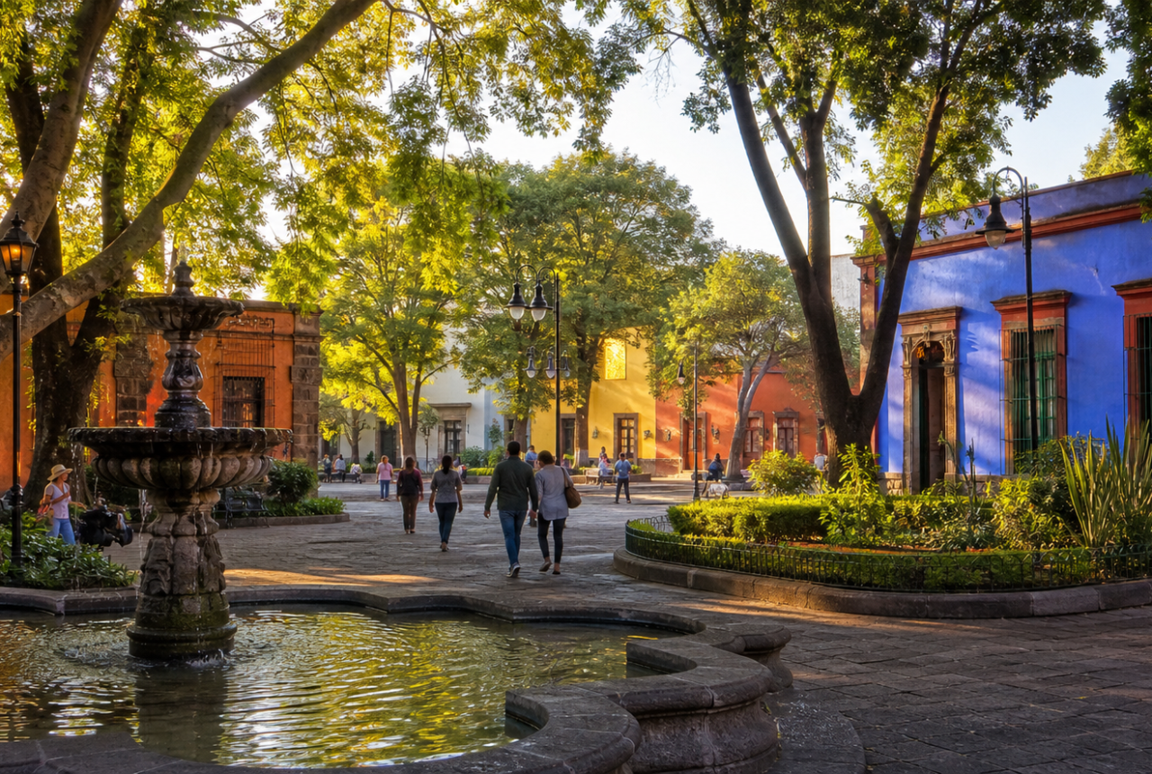 Plaza arbolada de Coyoacán con fuente y arquitectura histórica al amanecer