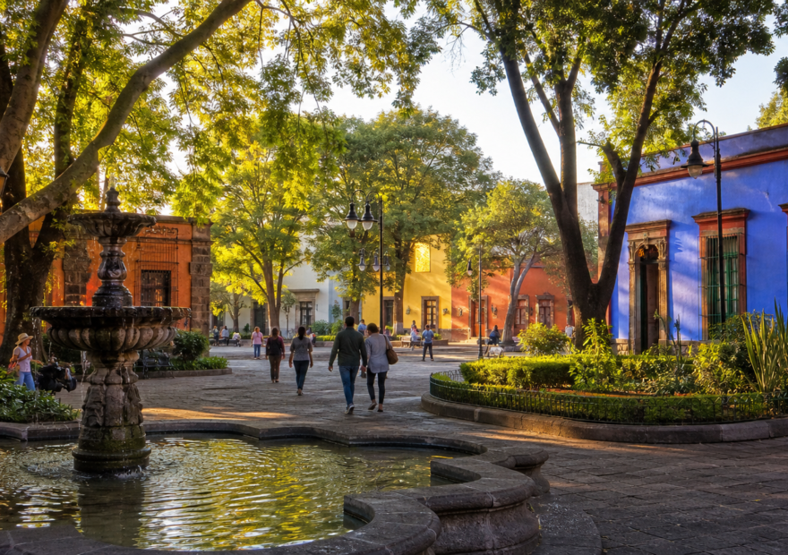 Plaza arbolada de Coyoacán con fuente y arquitectura histórica al amanecer