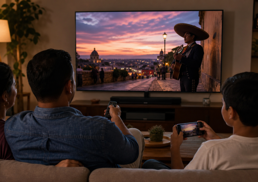 Familia mira un video musical en una televisión conectada mientras usa teléfonos como segunda pantalla