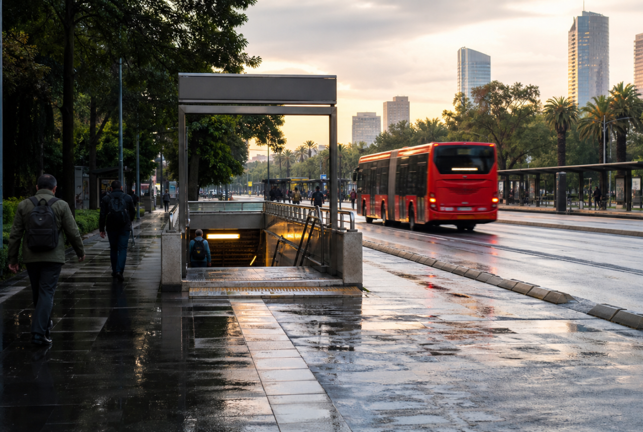 Avenida de Ciudad de México al amanecer con pavimento mojado, transporte público y entrada de Metro