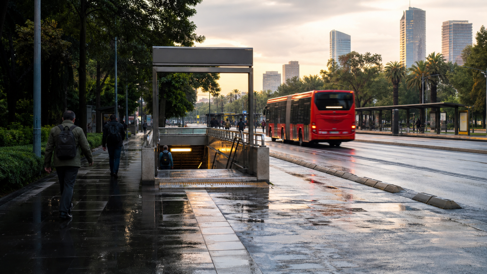 Avenida de Ciudad de México al amanecer con pavimento mojado, transporte público y entrada de Metro