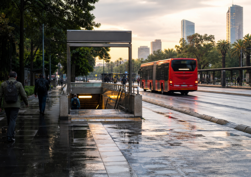 Avenida de Ciudad de México al amanecer con pavimento mojado, transporte público y entrada de Metro