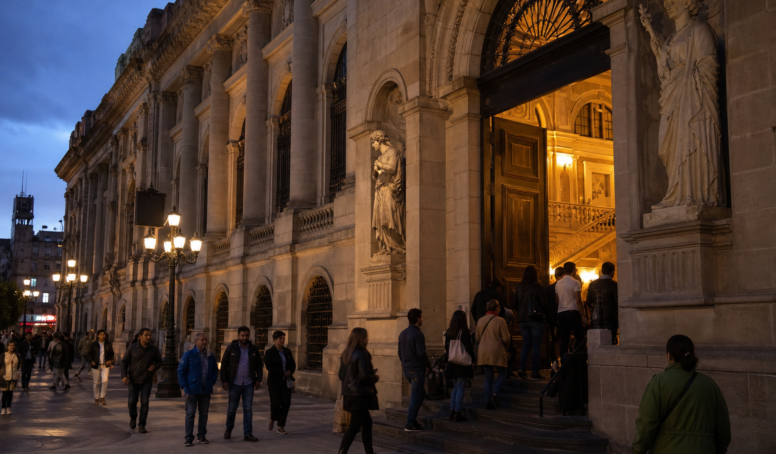 Visitantes entrando a un museo de la Ciudad de México durante una noche cultural