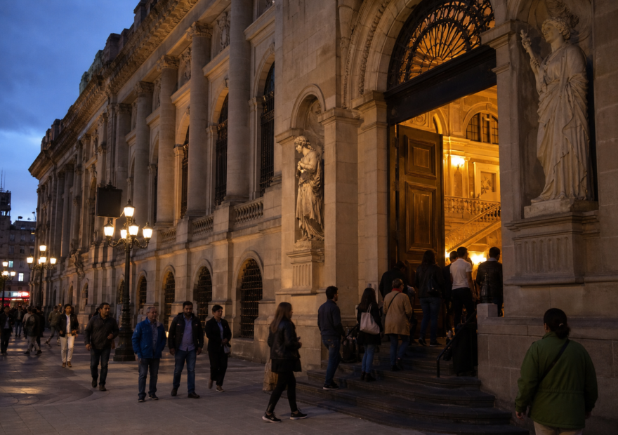 Visitantes entrando a un museo de la Ciudad de México durante una noche cultural