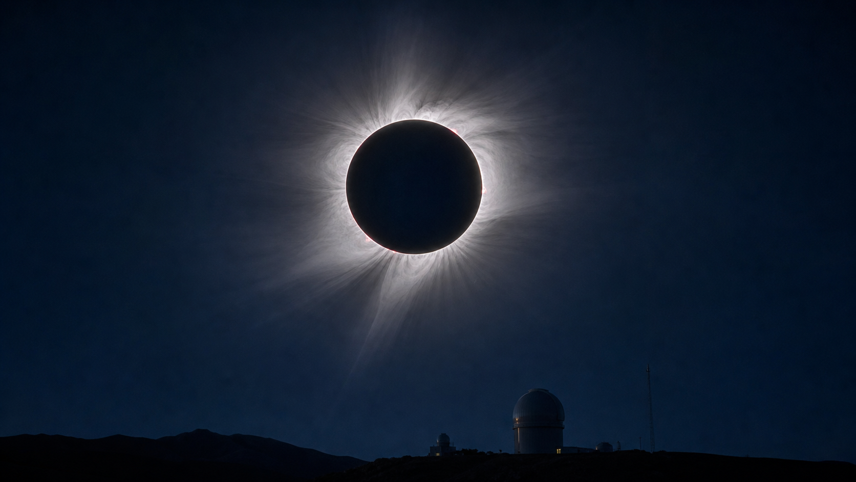 Eclipse solar total con corona luminosa sobre un observatorio