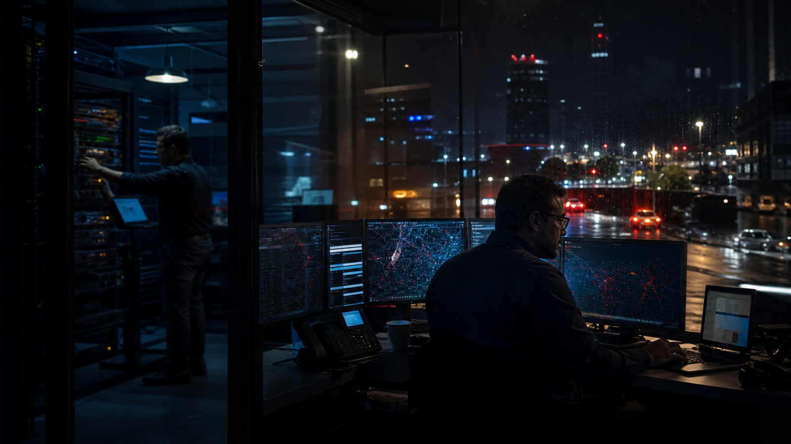 Persona revisa una alerta de seguridad digital en su teléfono mientras observa una red de conexiones y dispositivos en un entorno urbano mexicano.