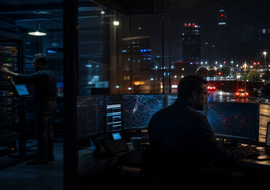 Persona revisa una alerta de seguridad digital en su teléfono mientras observa una red de conexiones y dispositivos en un entorno urbano mexicano.