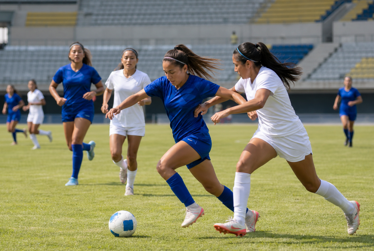 Jugadoras de futbol disputan un balón durante un partido en estadio mexicano