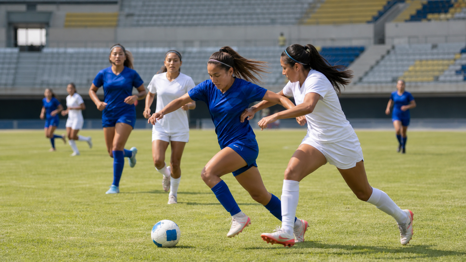 Jugadoras de futbol disputan un balón durante un partido en estadio mexicano