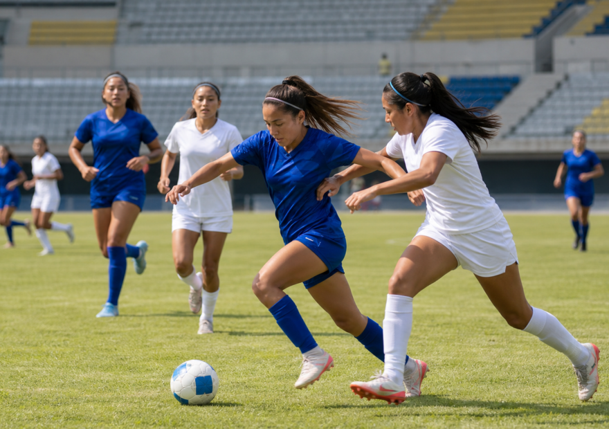 Jugadoras de futbol disputan un balón durante un partido en estadio mexicano