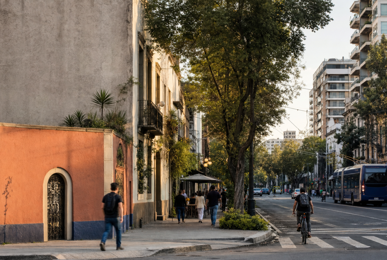 Vista urbana de Álamos y Narvarte con transporte, caserones y edificios nuevos