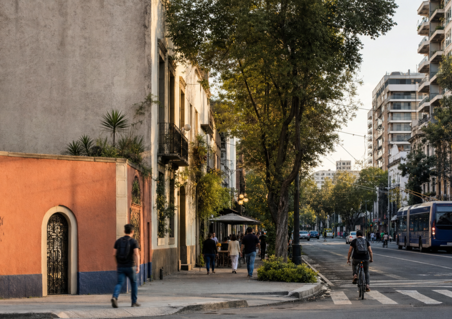 Vista urbana de Álamos y Narvarte con transporte, caserones y edificios nuevos