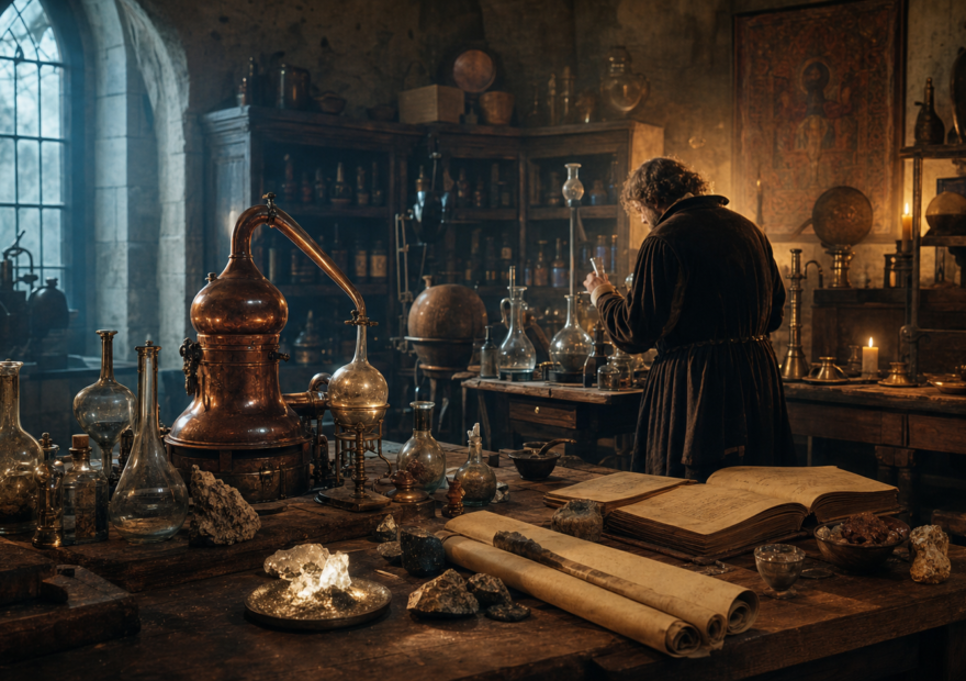 Laboratorio de alquimia renacentista con alambique, retortas de cobre y manuscritos antiguos