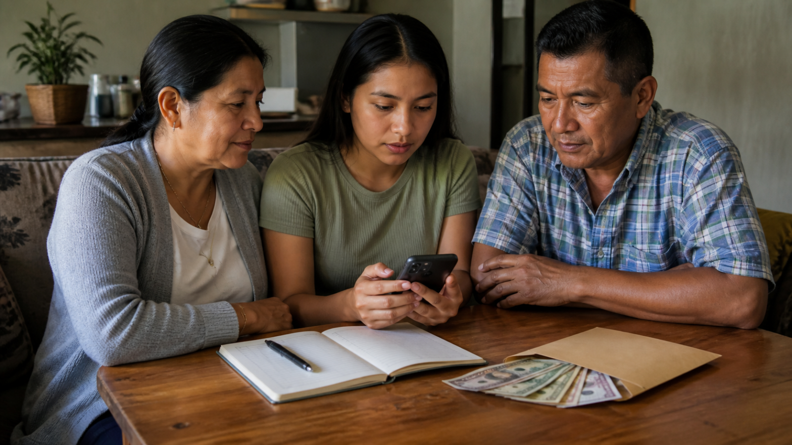 Persona revisa una transferencia internacional en el celular junto a una libreta de gastos familiares.