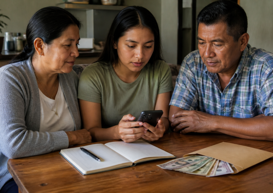 Persona revisa una transferencia internacional en el celular junto a una libreta de gastos familiares.