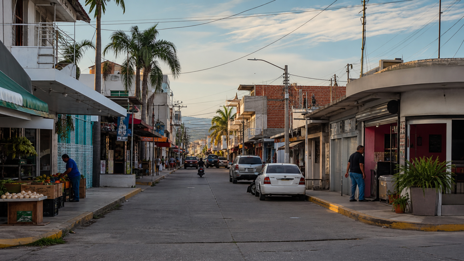 Calle comercial de Sinaloa con negocios abiertos y tránsito moderado, en una escena de economía local bajo vigilancia.