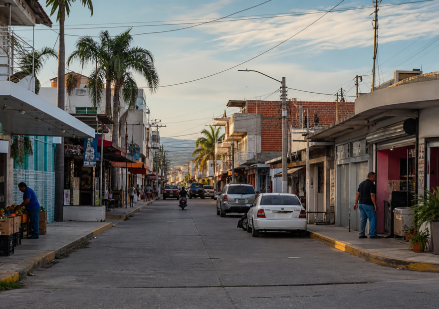 Calle comercial de Sinaloa con negocios abiertos y tránsito moderado, en una escena de economía local bajo vigilancia.
