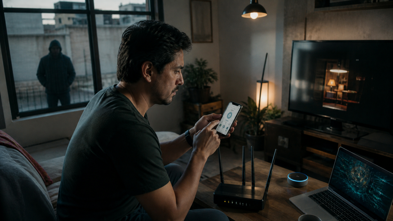 Usuario revisa permisos de red en un teléfono Android frente a un router doméstico y varios dispositivos conectados en una casa mexicana.