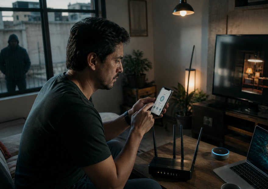 Usuario revisa permisos de red en un teléfono Android frente a un router doméstico y varios dispositivos conectados en una casa mexicana.