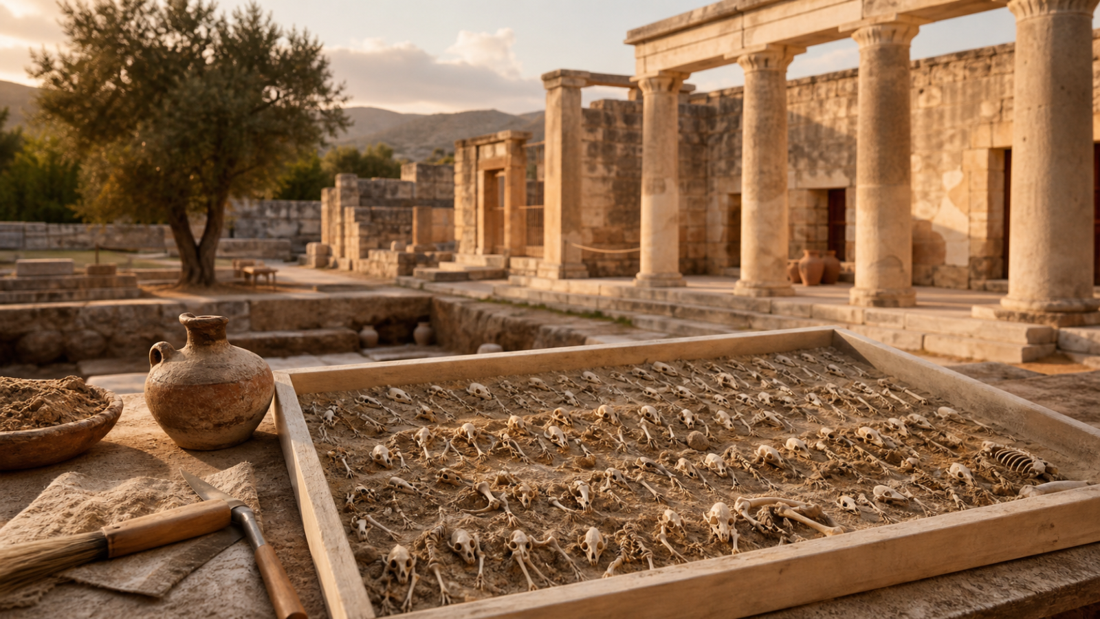Depósito arqueológico con esqueletos de ratón en el santuario de Apolo Esminteo en Gortina, Creta