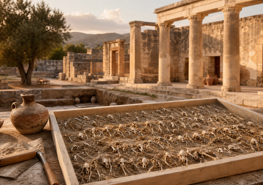 Depósito arqueológico con esqueletos de ratón en el santuario de Apolo Esminteo en Gortina, Creta