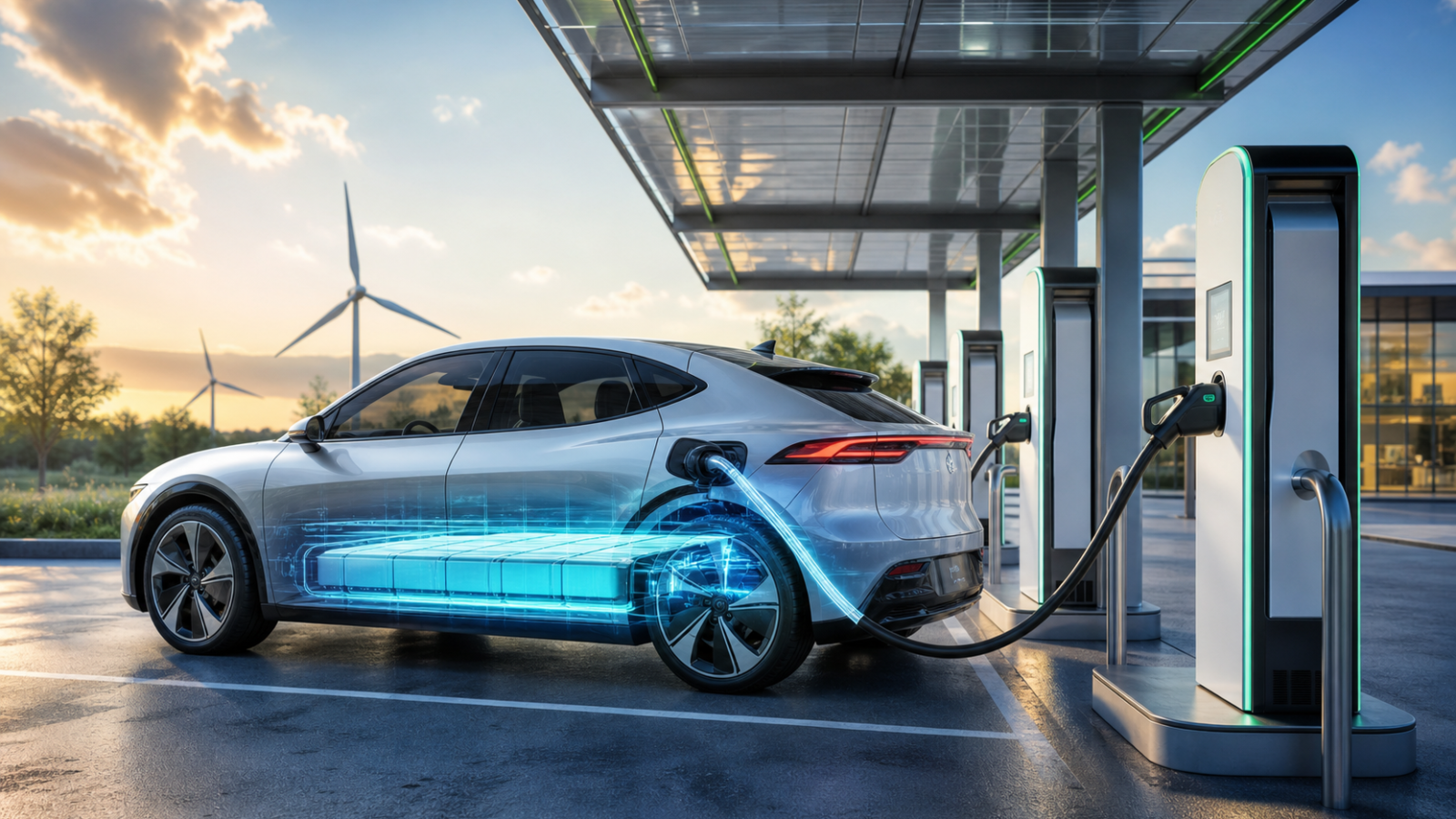 Vehículo eléctrico conectado a una estación de carga ultrarrápida con la batería iluminada