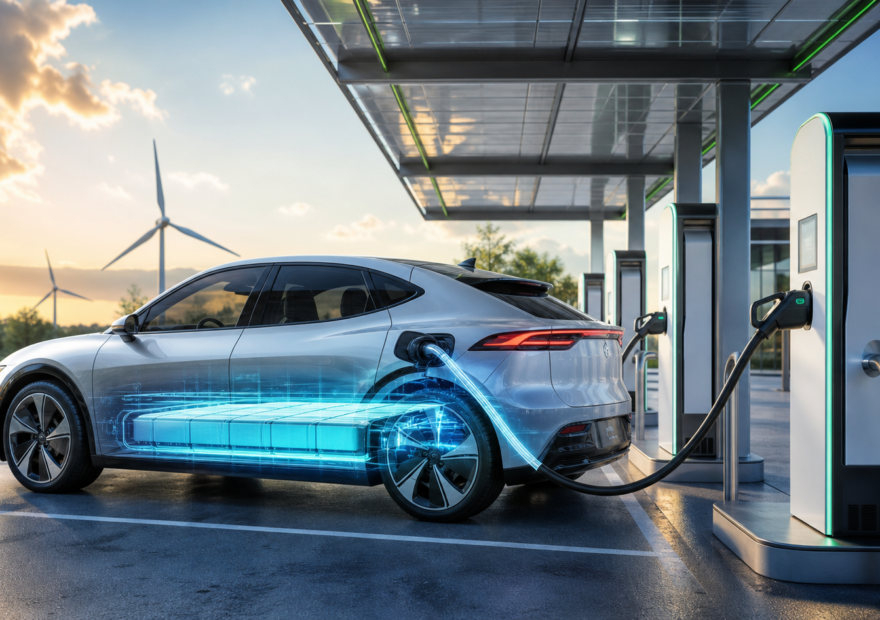 Vehículo eléctrico conectado a una estación de carga ultrarrápida con la batería iluminada