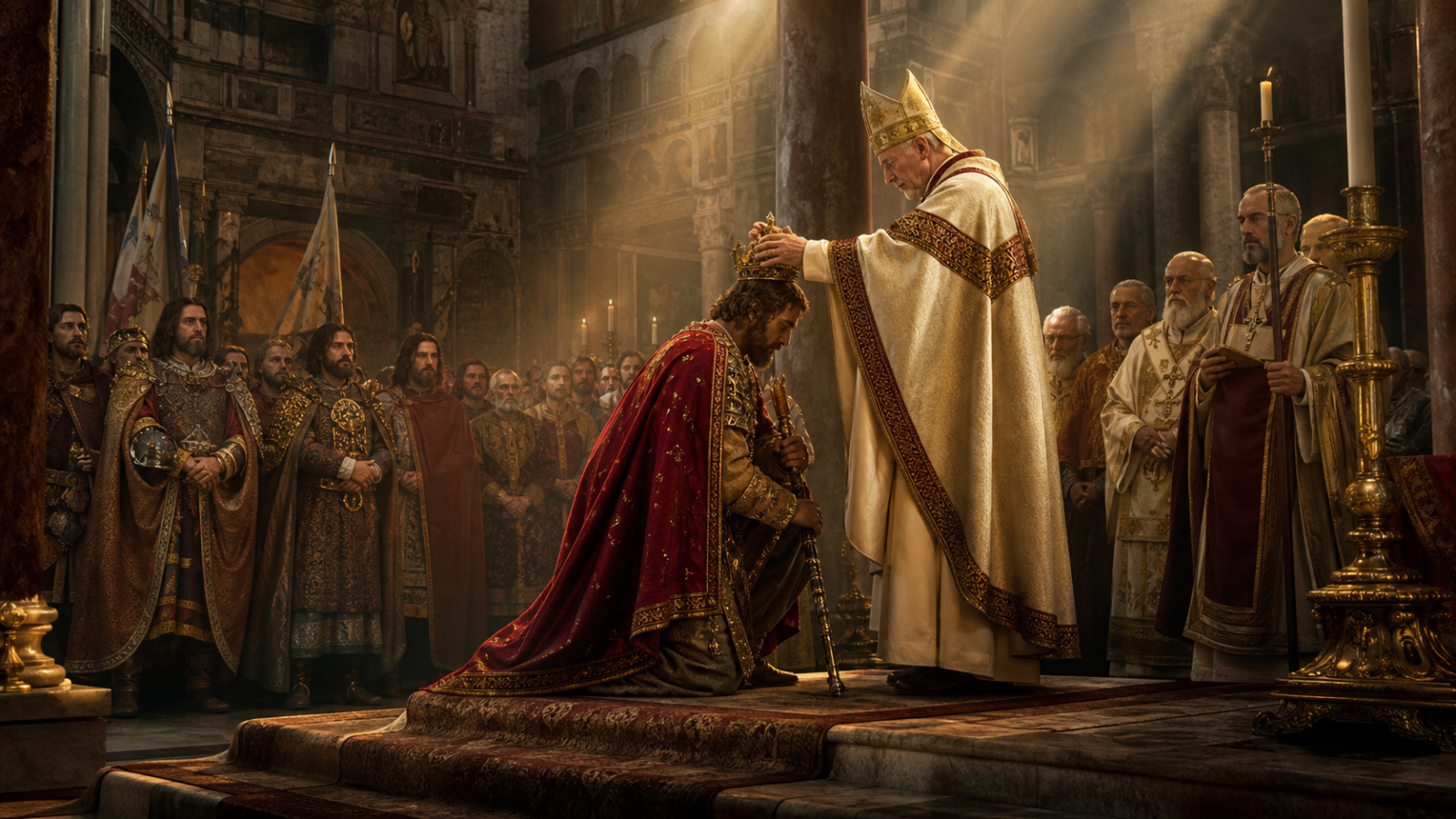 El papa León III corona a Carlomagno como emperador en Roma en el año 800