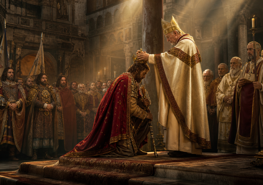El papa León III corona a Carlomagno como emperador en Roma en el año 800