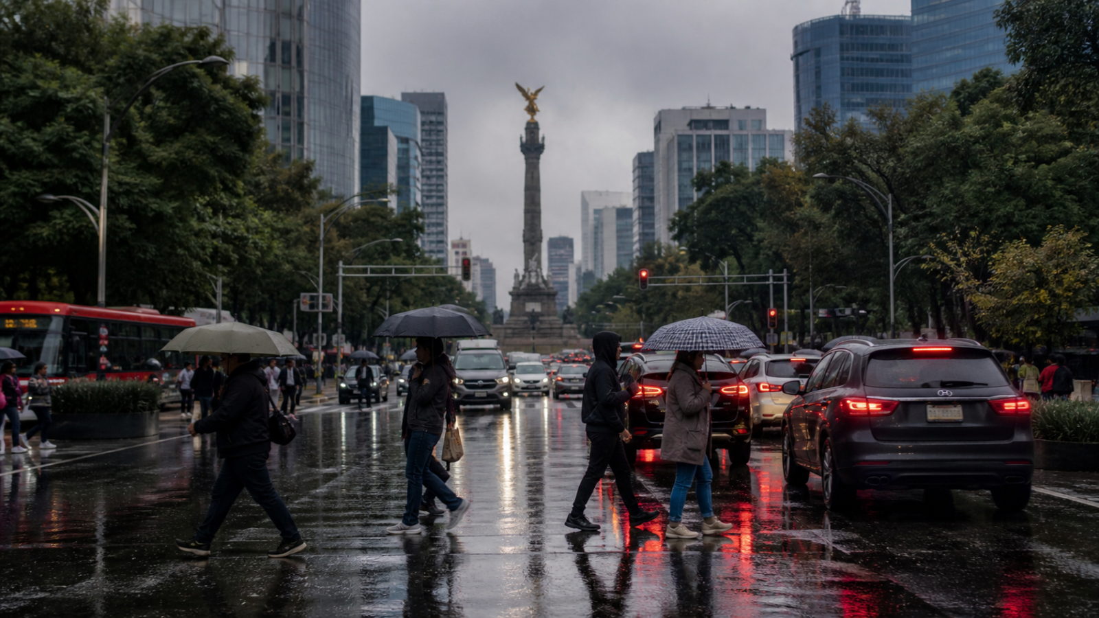 Avenida de la Ciudad de México con tráfico lento y cielo nublado durante una tarde de lluvia.