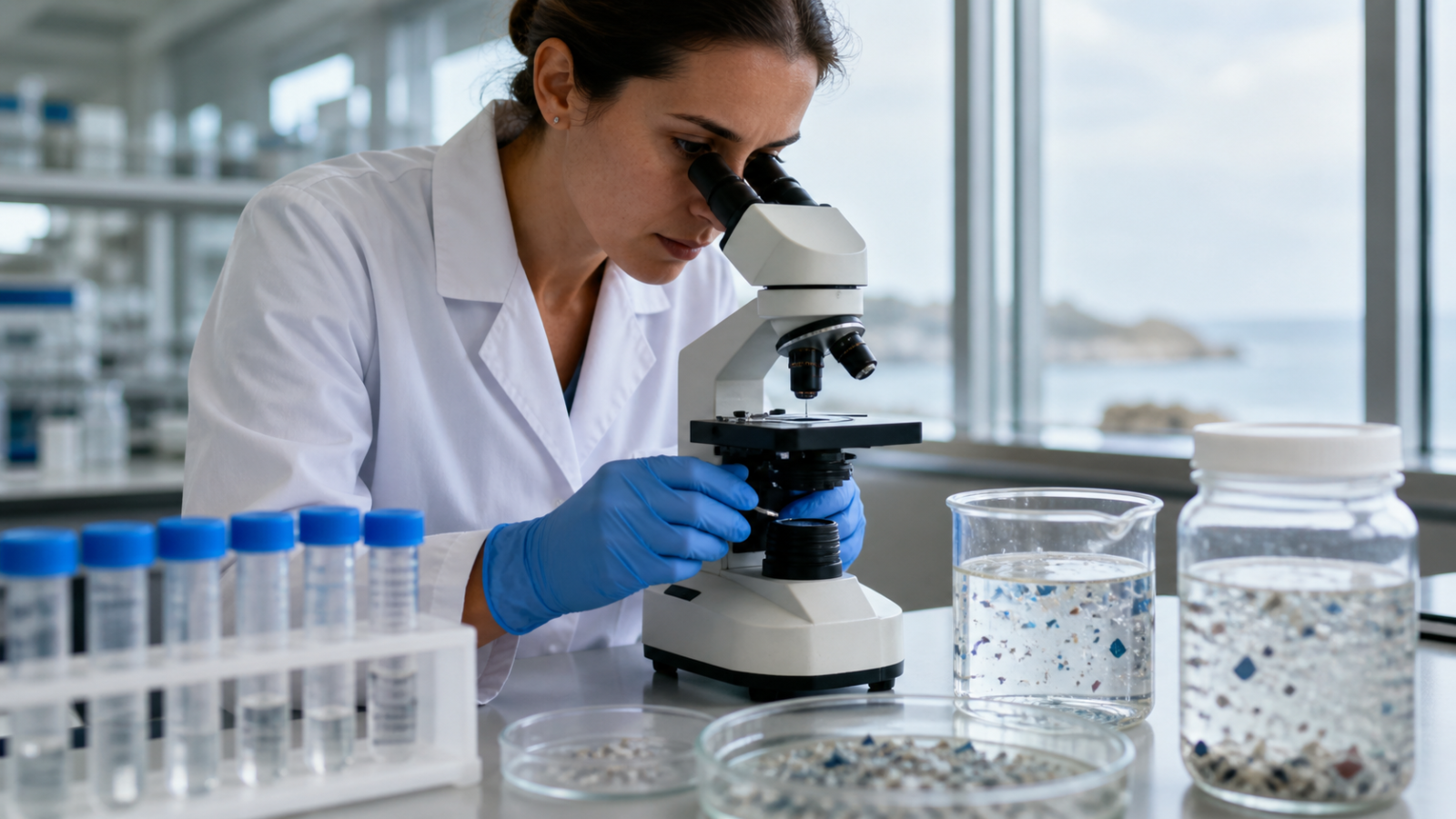 Científica observa partículas en una muestra de agua dentro de un laboratorio, con material de análisis sobre la mesa.