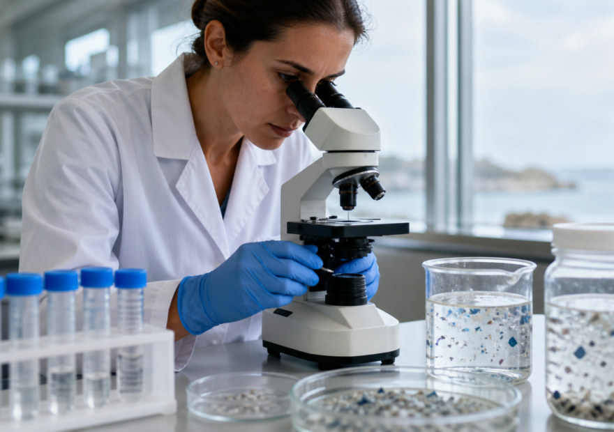 Científica observa partículas en una muestra de agua dentro de un laboratorio, con material de análisis sobre la mesa.